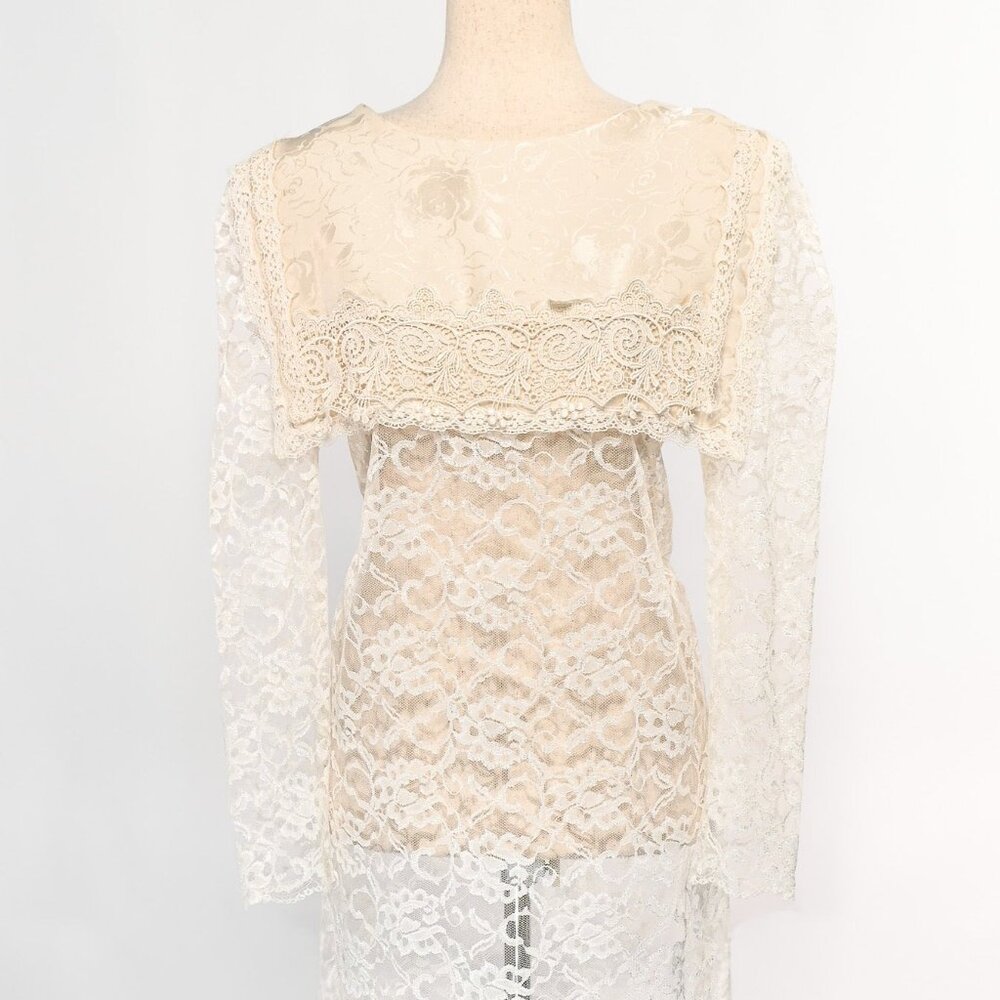 Vintage 80s Ivory & White Sheer Lace NIGHT WAY Bib Style Long Sleeve Midi Dress